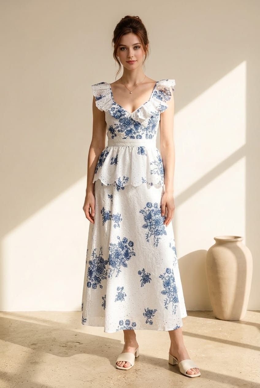 Printed Midi Dress with Ruffle sleeve & Peplum