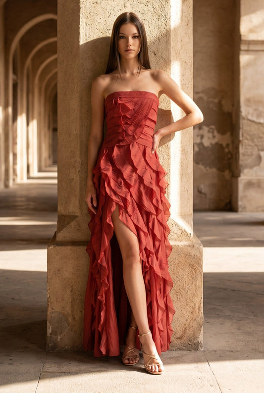 Adriana Strapless Ruffle Skirt Maxi Dress