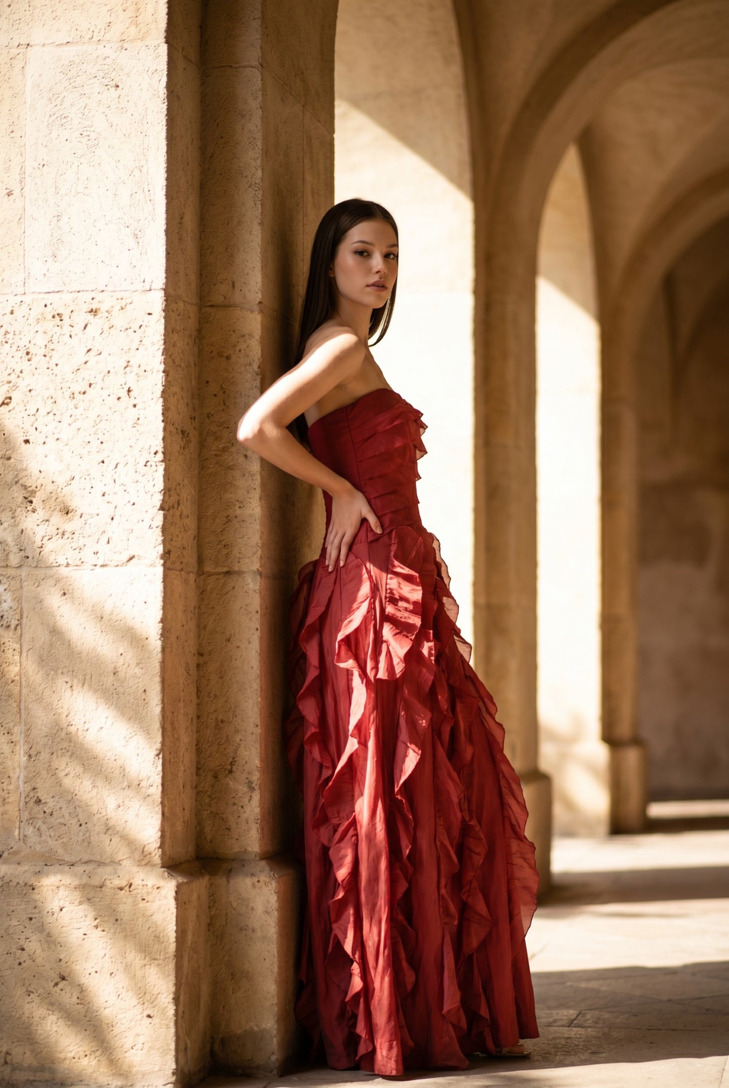 Adriana Strapless Ruffle Skirt Maxi Dress