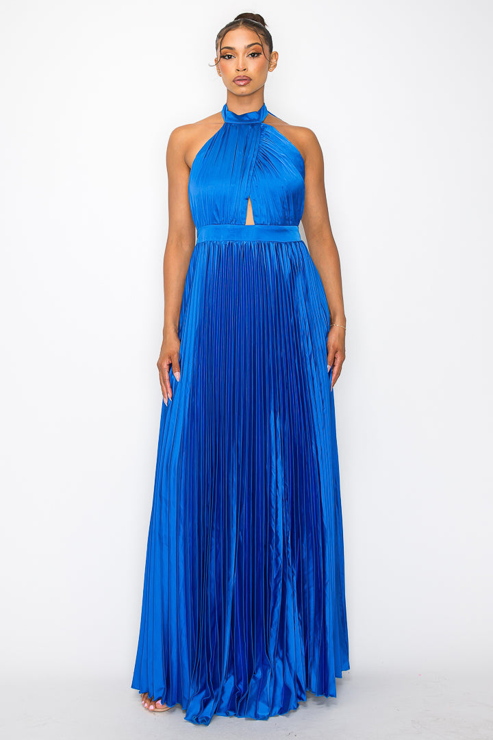 Halter Pleated Gown W/ Open Back