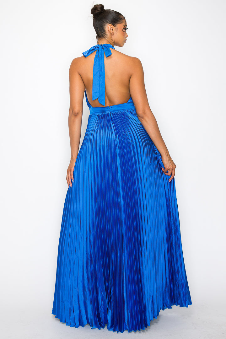 Halter Pleated Gown W/ Open Back