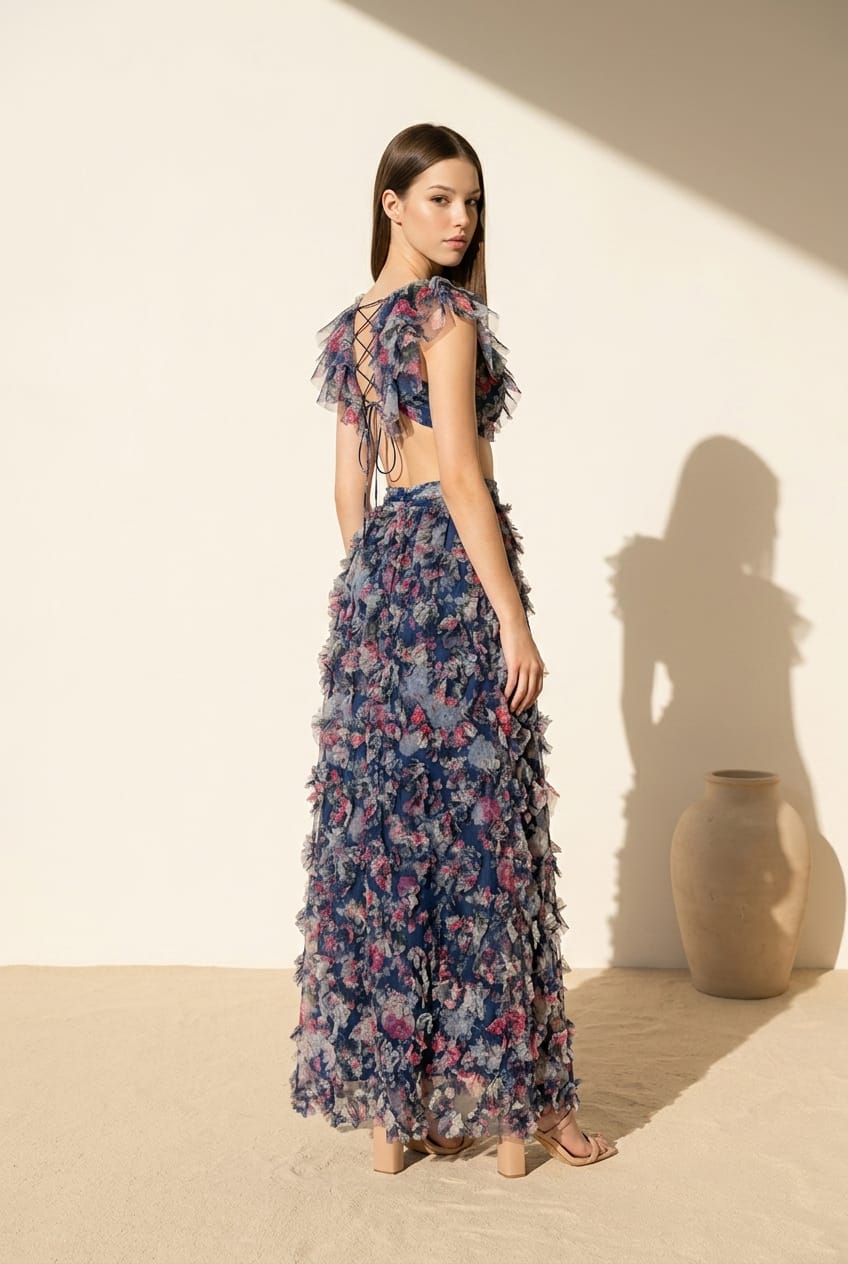 Priscilla Ruffle Mesh Lace Up Gown