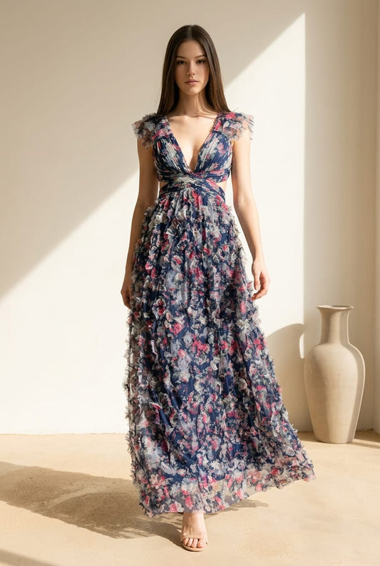 Priscilla Ruffle Mesh Lace Up Gown