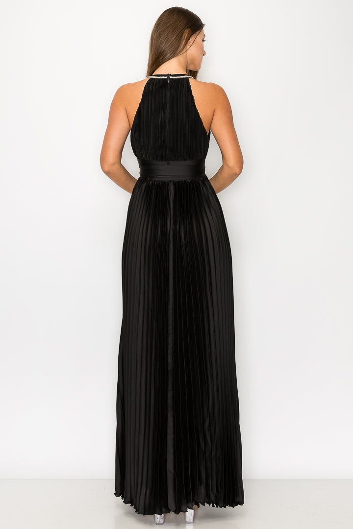 Rhinestone Pleated Gown W/ KeyHole