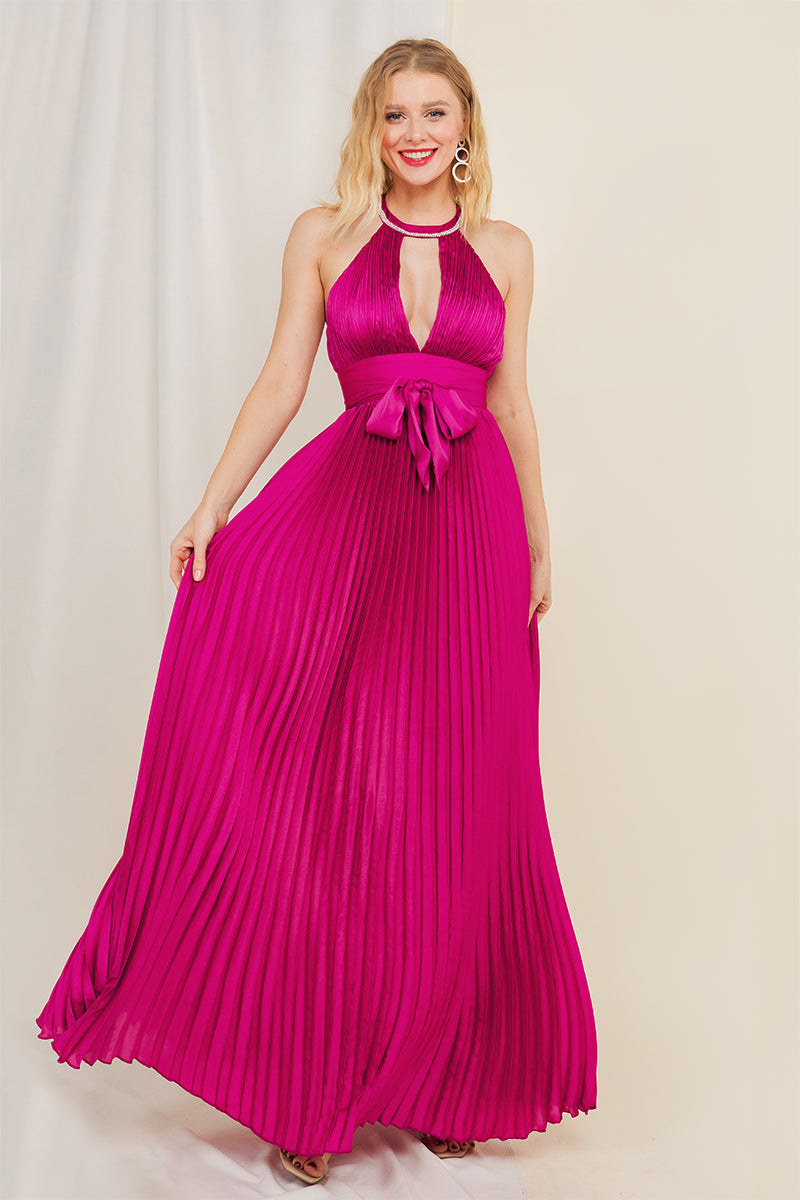 Rhinestone Pleated Gown W/ KeyHole