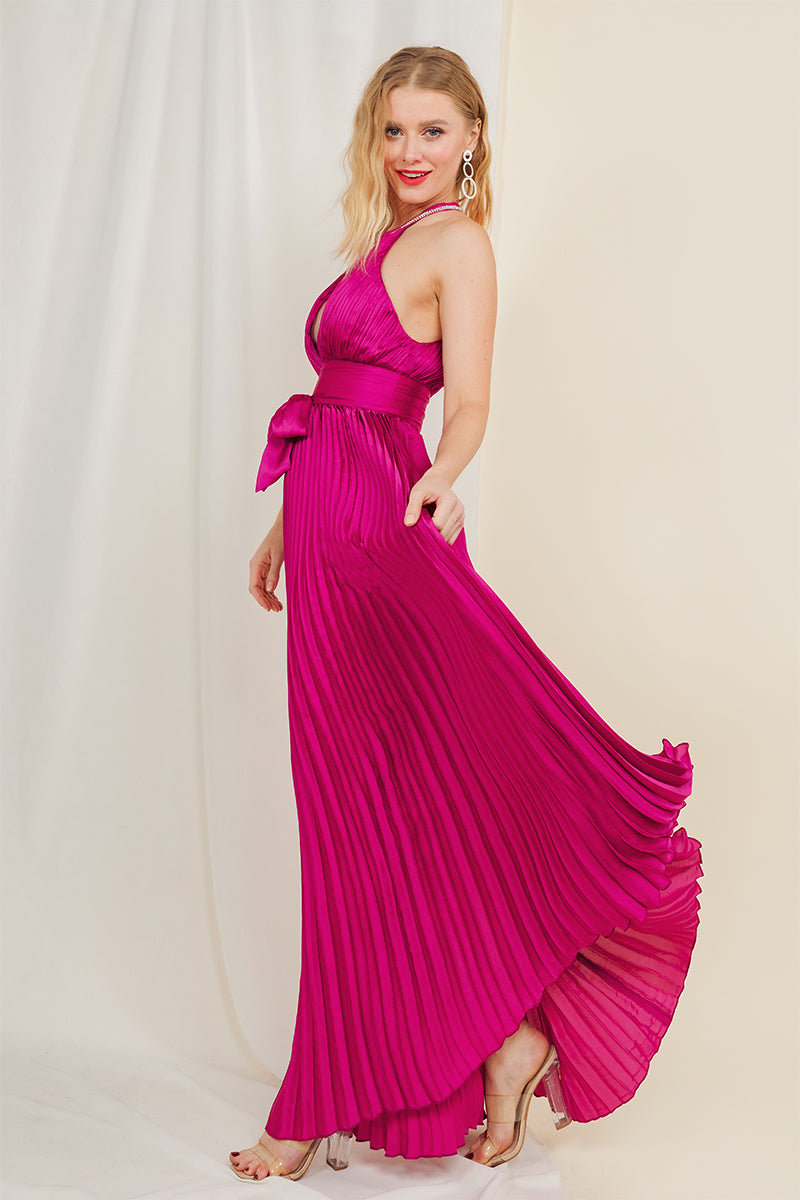 Rhinestone Pleated Gown W/ KeyHole