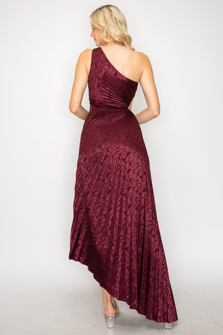 Adele Satin Jacquard One-Shoulder Pleated Dress