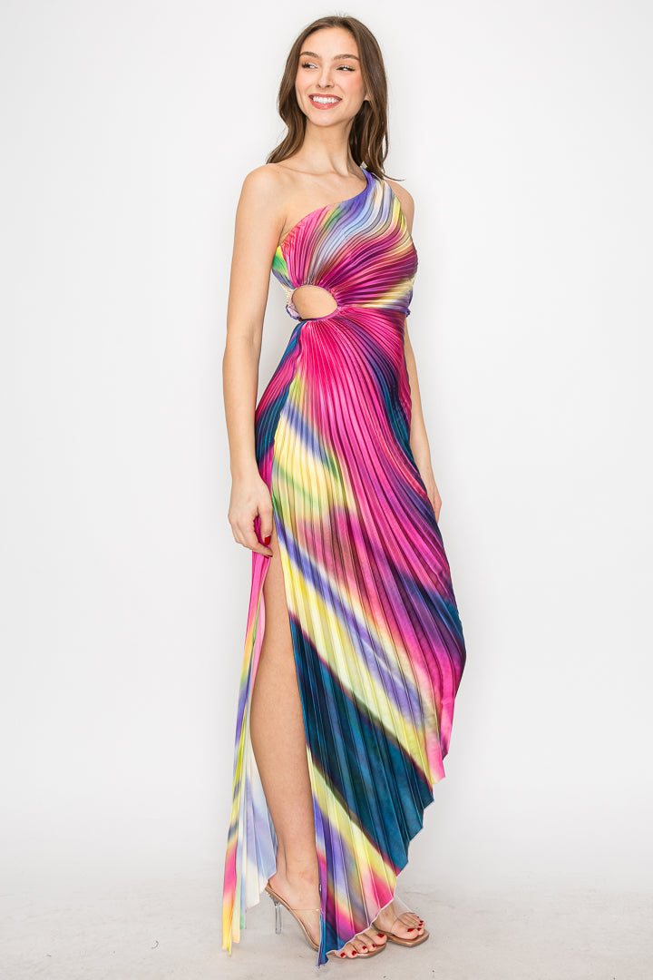 Carlee Ombre Printed One-Shoulder Pleated Dress