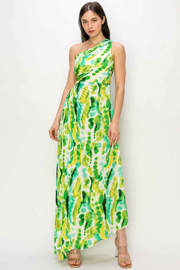 Water Way Print One Shoulder Dress