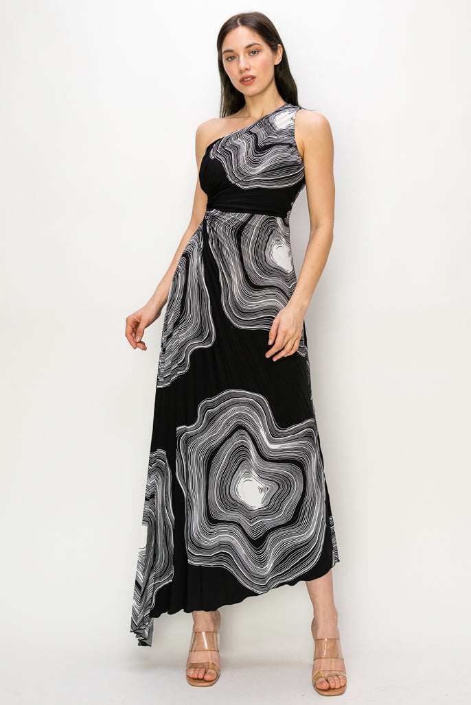 One Shoulder Twirl Print Maxi Dress