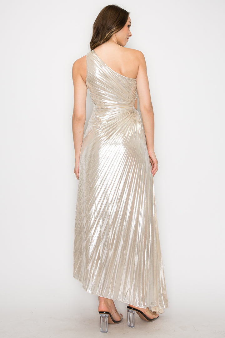 Adele Metallic One-Shoulder Pleated Dress