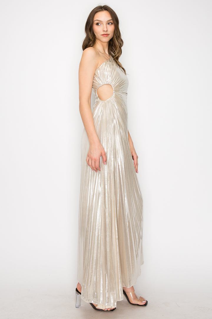 Adele Metallic One-Shoulder Pleated Dress