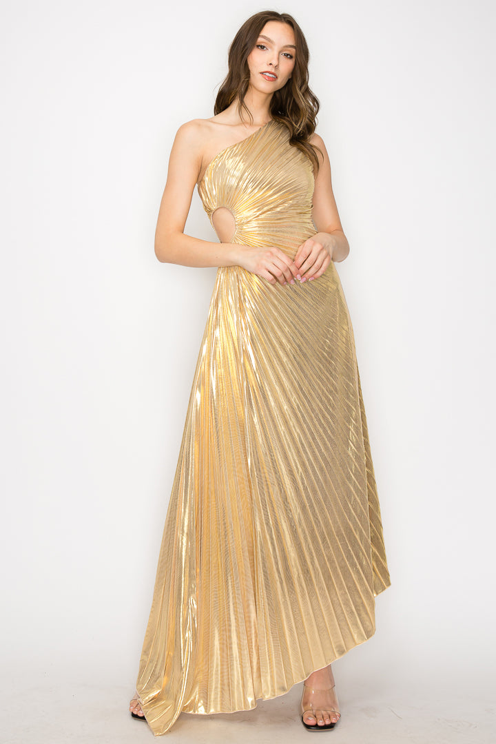 Adele Metallic One-Shoulder Pleated Dress