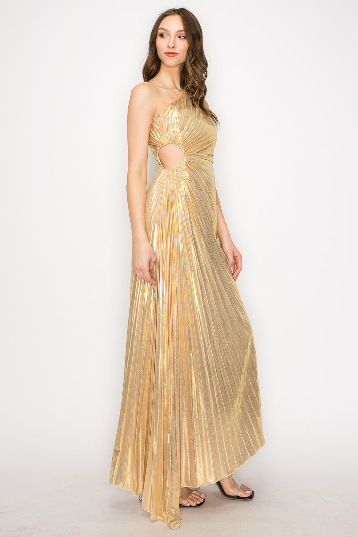 Adele Metallic One-Shoulder Pleated Dress