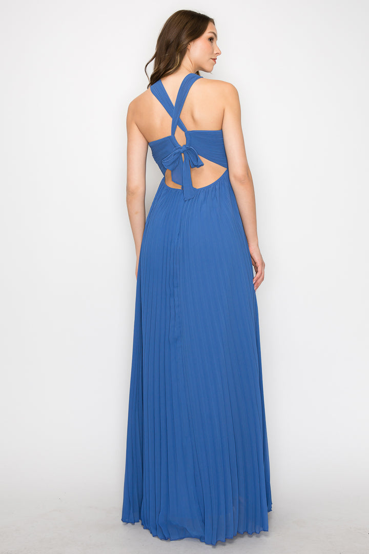 Pleated Halter Criss Cross Gown