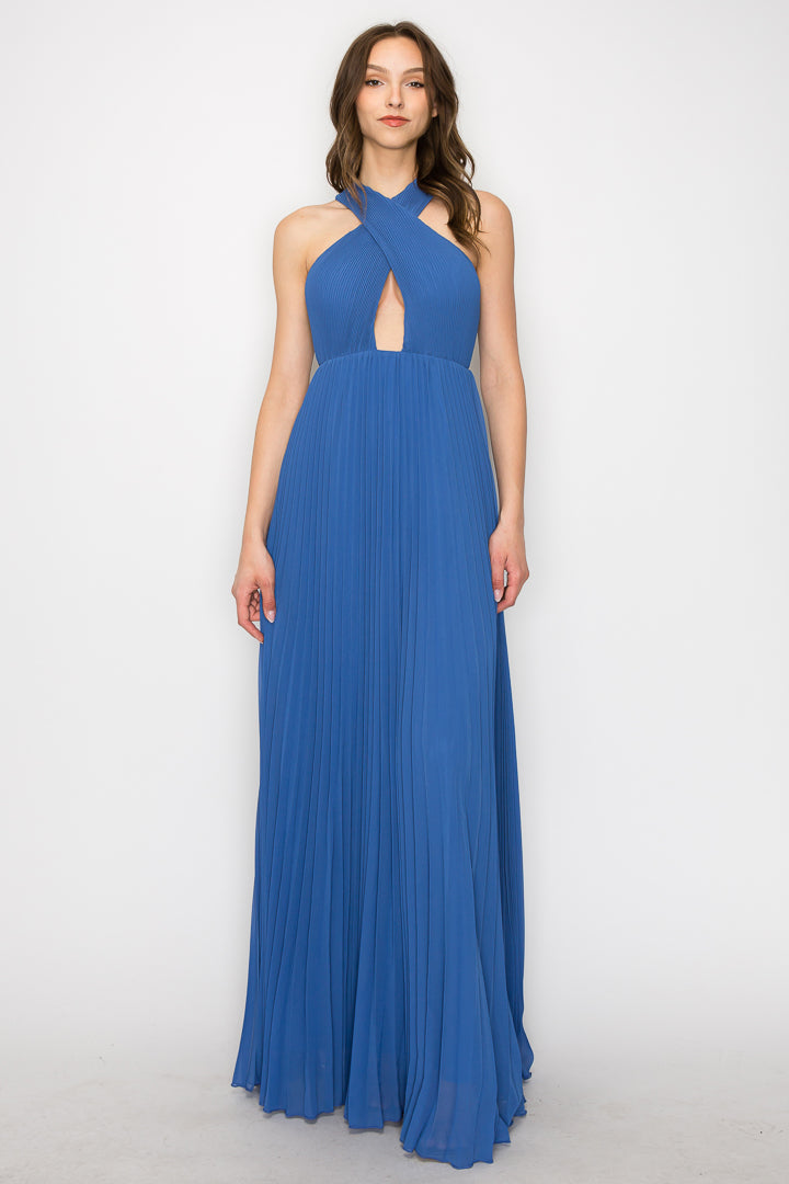 Pleated Halter Criss Cross Gown