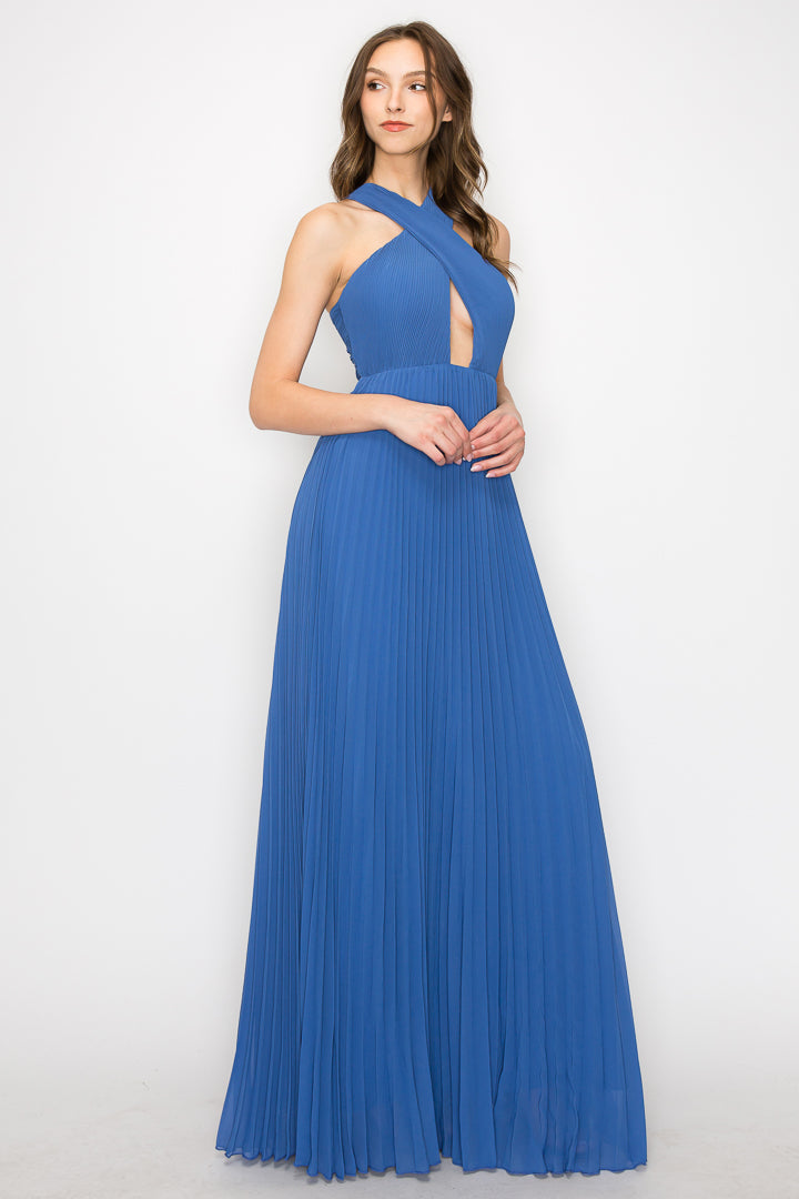 Pleated Halter Criss Cross Gown