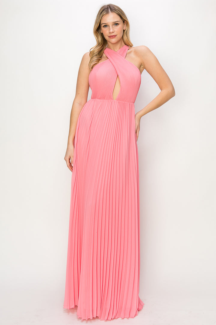 pleated halter dress Cynthia Pleated Halter Criss Cross Gown – Minuet Apparel