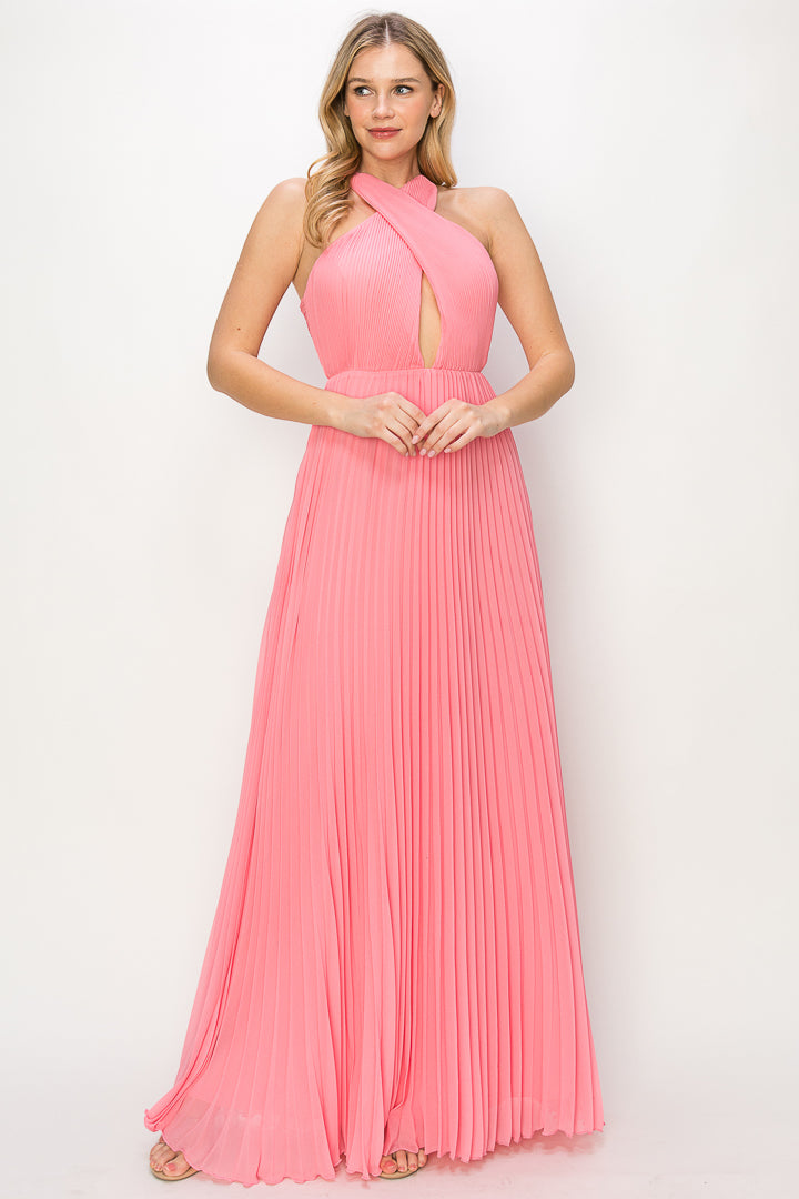 Pleated Halter Criss Cross Gown