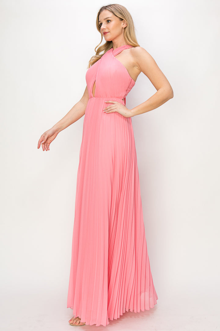 Pleated Halter Criss Cross Gown