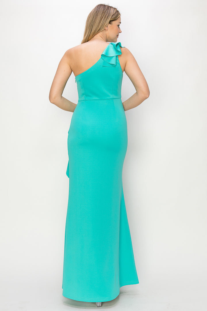 One Shoulder Ruffle Gown W/Slit