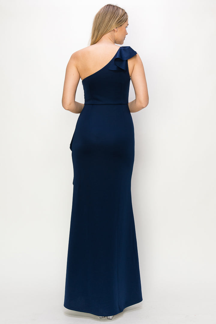 One Shoulder Ruffle Gown W/Slit