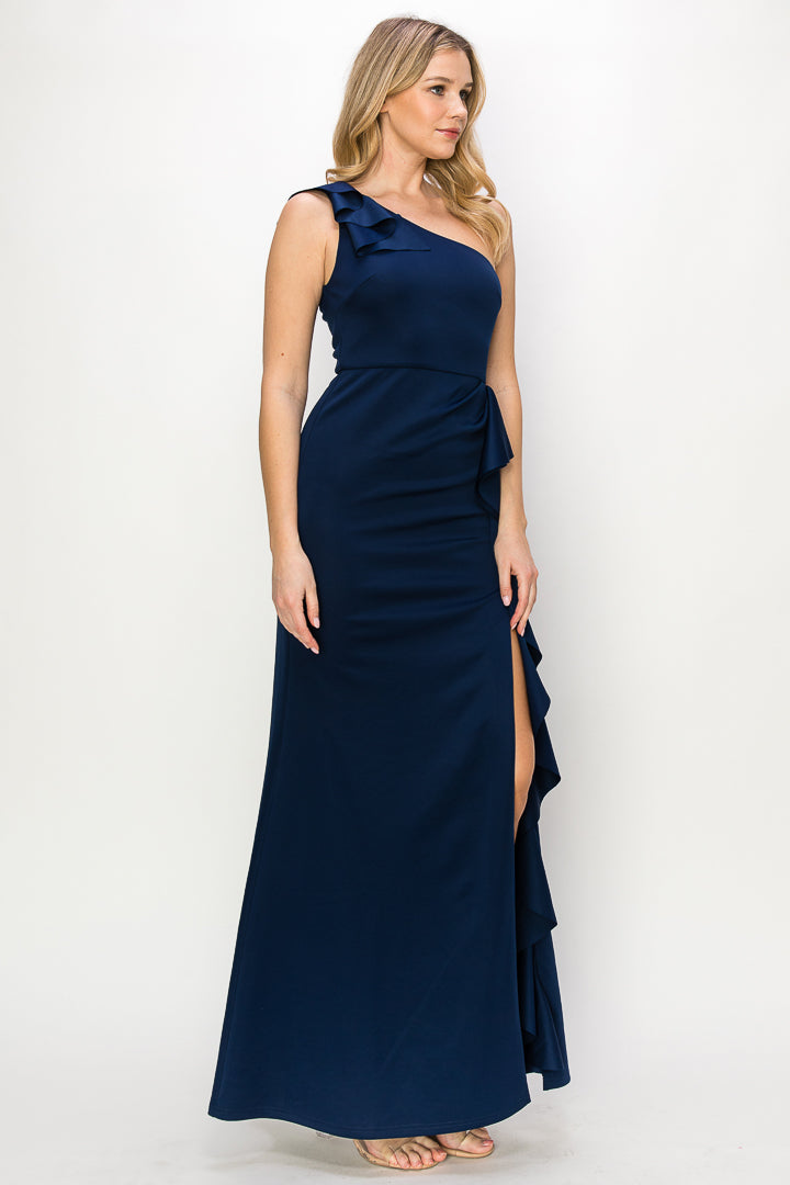 One Shoulder Ruffle Gown W/Slit