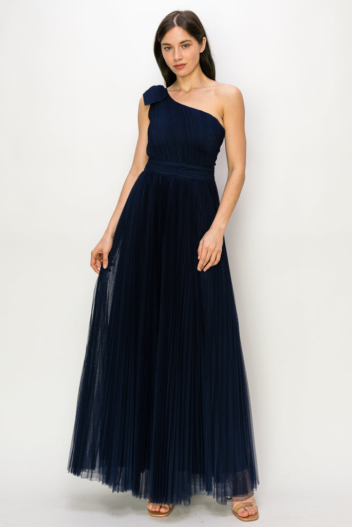 Mesh Pleated One Shoulder Gown