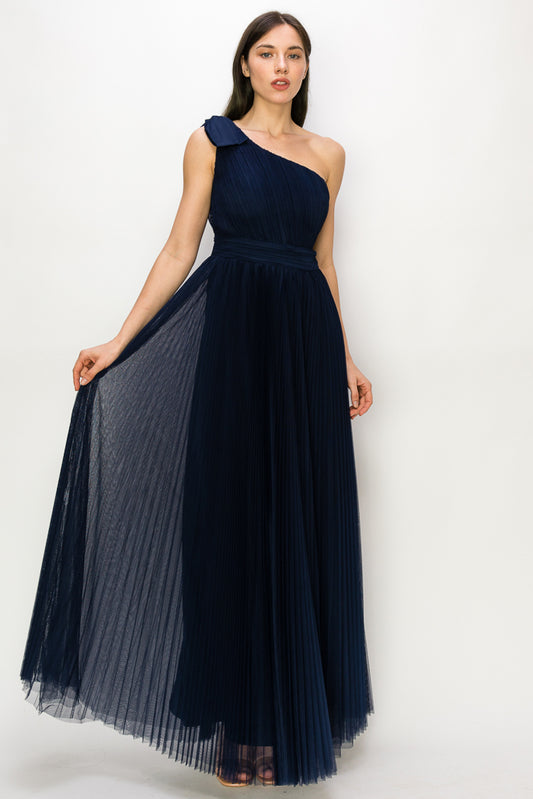 Mesh Pleated One Shoulder Gown