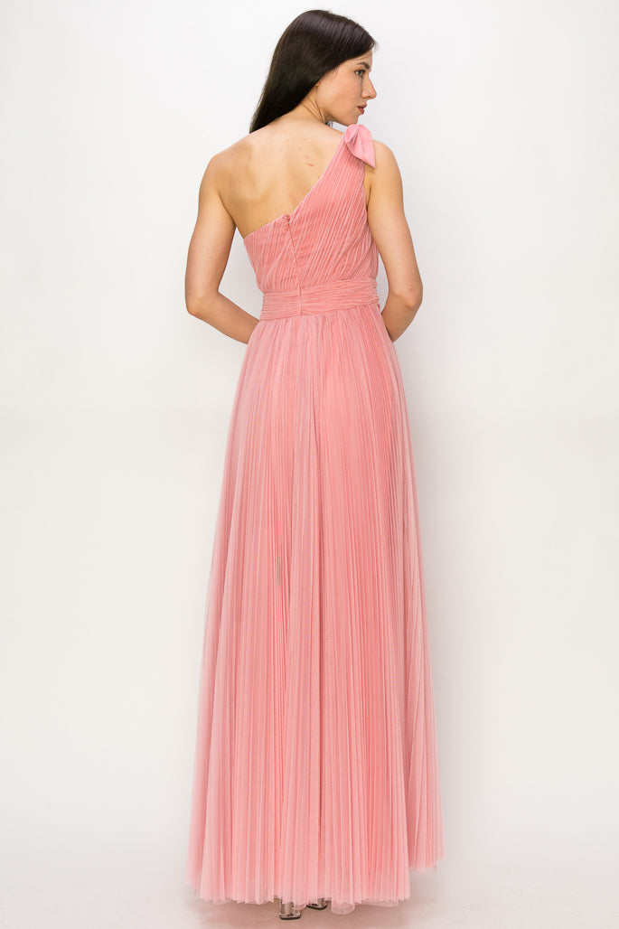 Mesh Pleated One Shoulder Gown