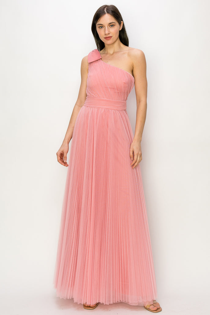 Mesh Pleated One Shoulder Gown