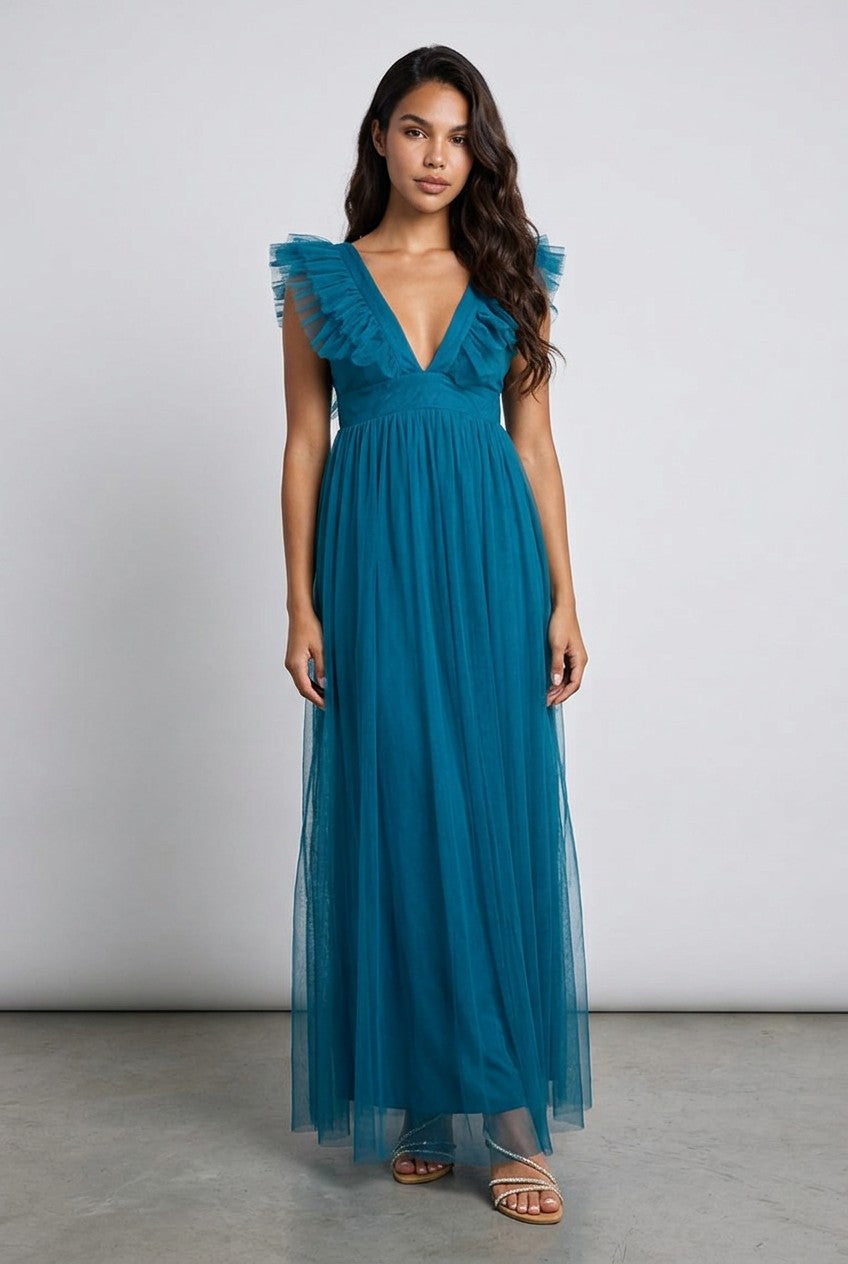 Bryce Deep V-Neck Ruffle Mesh Dress