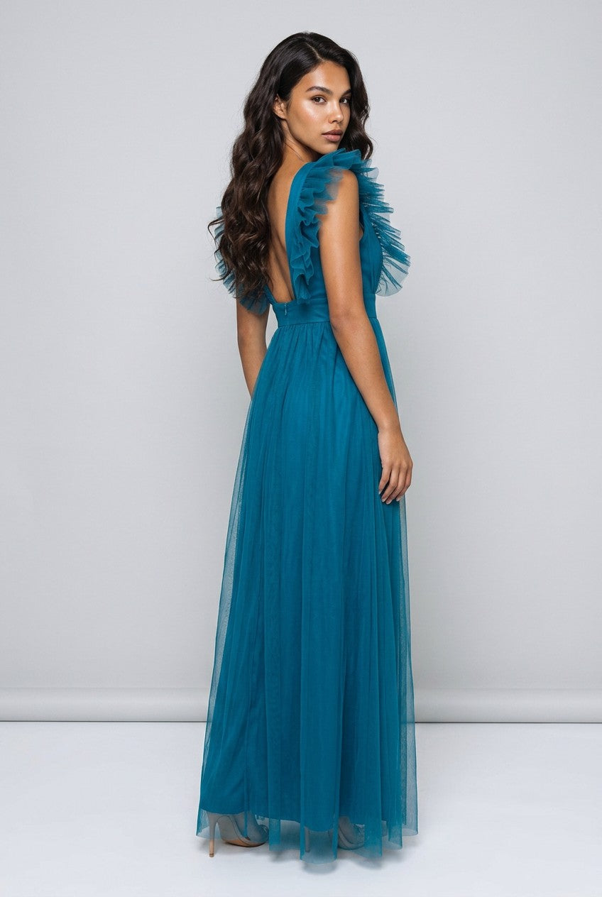 Bryce Deep V-Neck Ruffle Mesh Dress