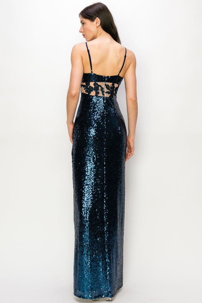 Alexis Sequin Gown With Lace Applique