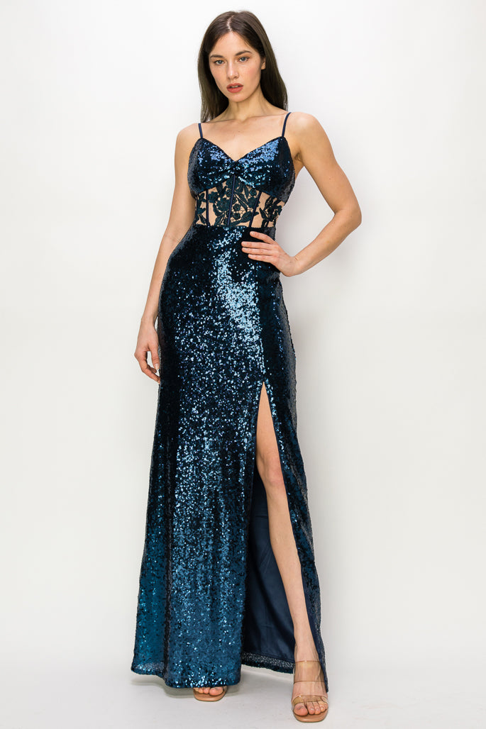 Alexis Sequin Gown With Lace Applique