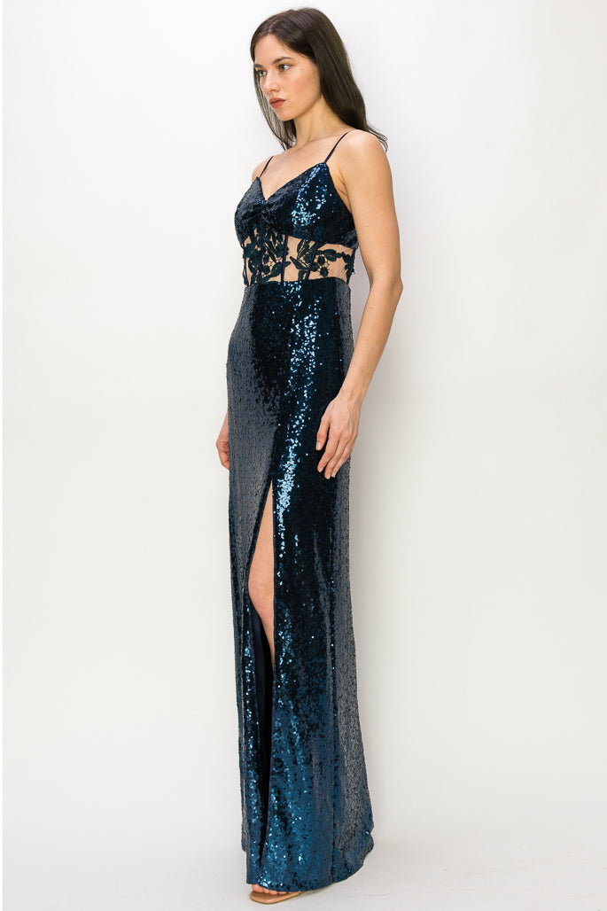 Alexis Sequin Gown With Lace Applique