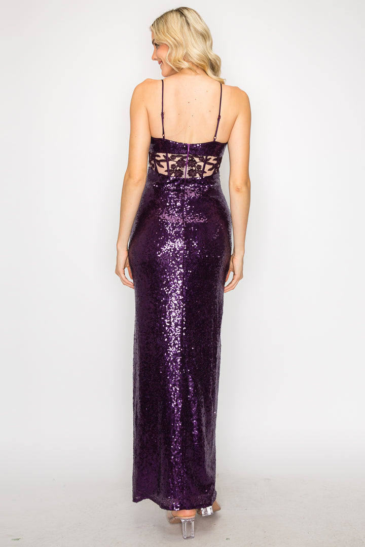 Alexis Sequin Gown With Lace Applique