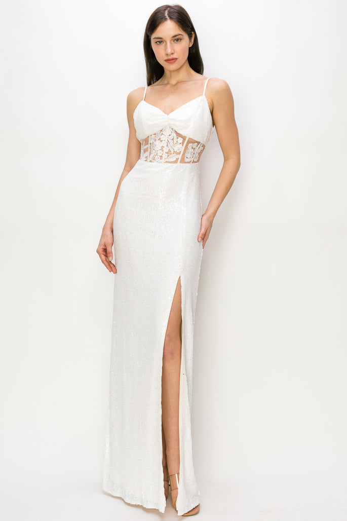 Alexis Sequin Gown With Lace Applique