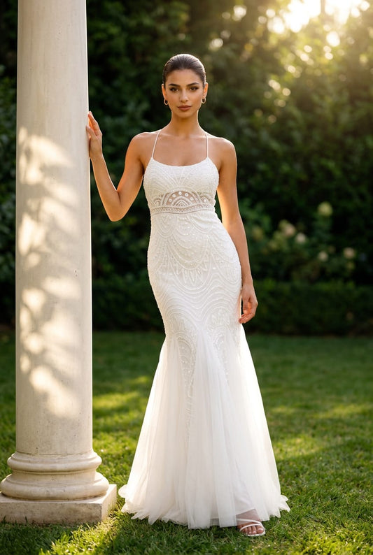 Evie Sequin Halter Mesh Gown