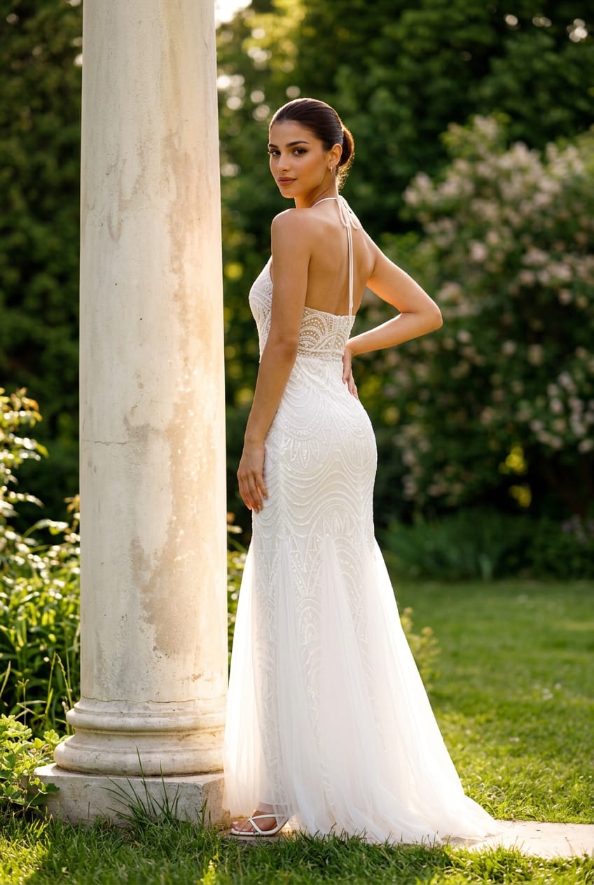 Evie Sequin Halter Mesh Gown