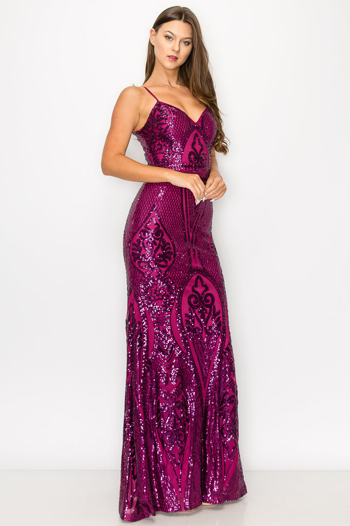 V-Neck Sequin Gown