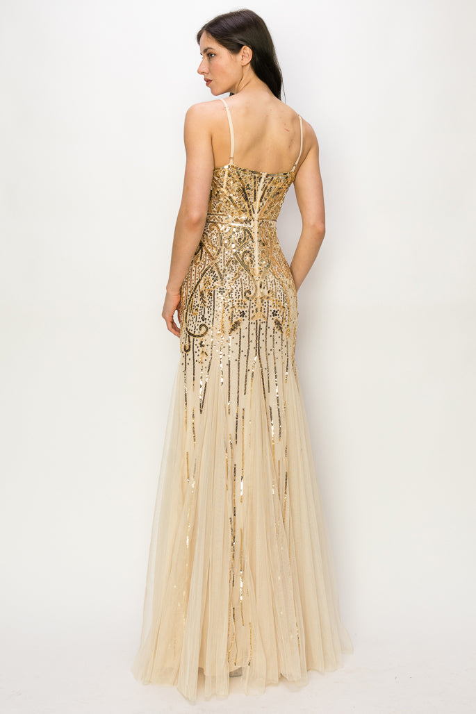 Sequin Mesh V-Neck Gown