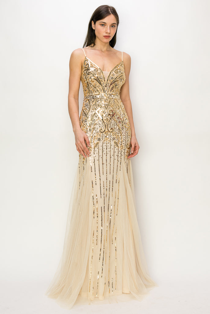 Sequin Mesh V-Neck Gown