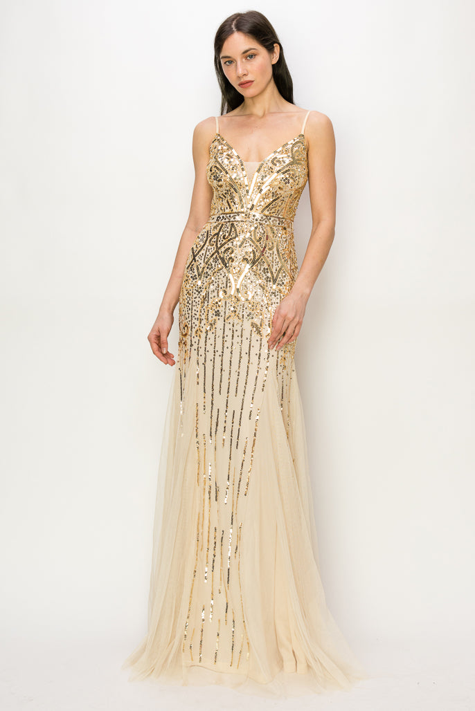 Sequin Mesh V-Neck Gown