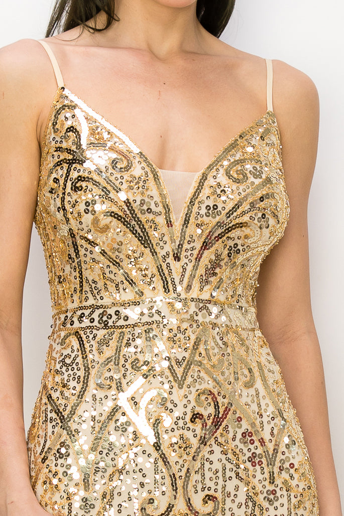 Sequin Mesh V-Neck Gown