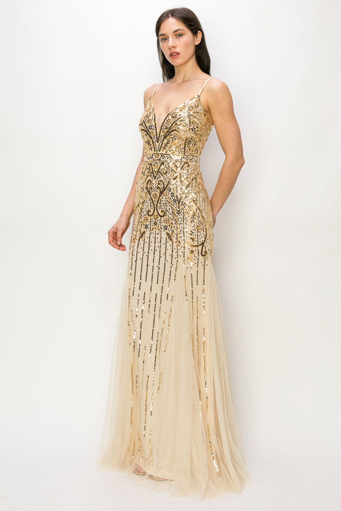 Sequin Mesh V-Neck Gown