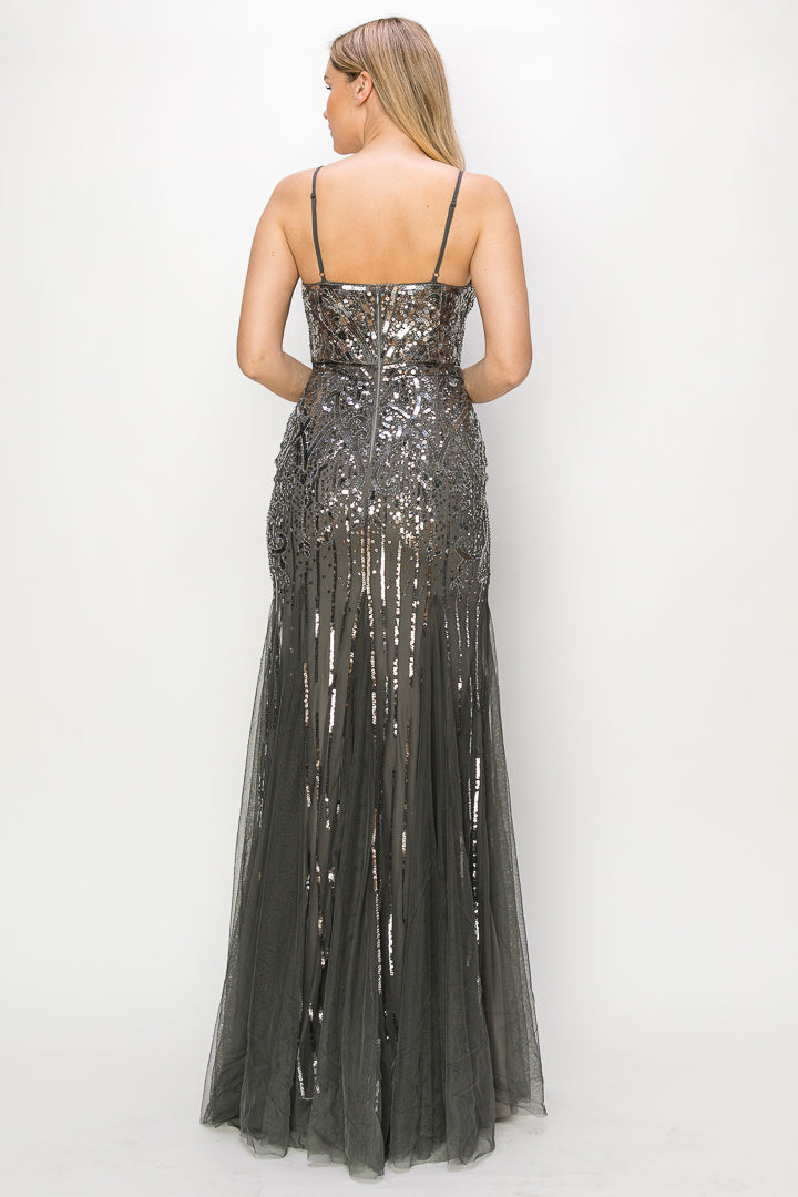 Sequin Mesh V-Neck Gown