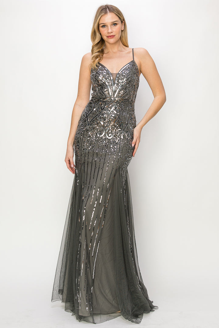 Sequin Mesh V-Neck Gown