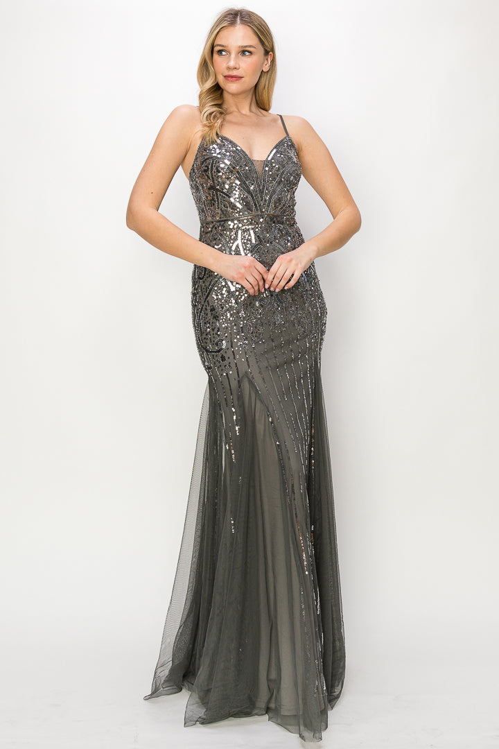 Sequin Mesh V-Neck Gown