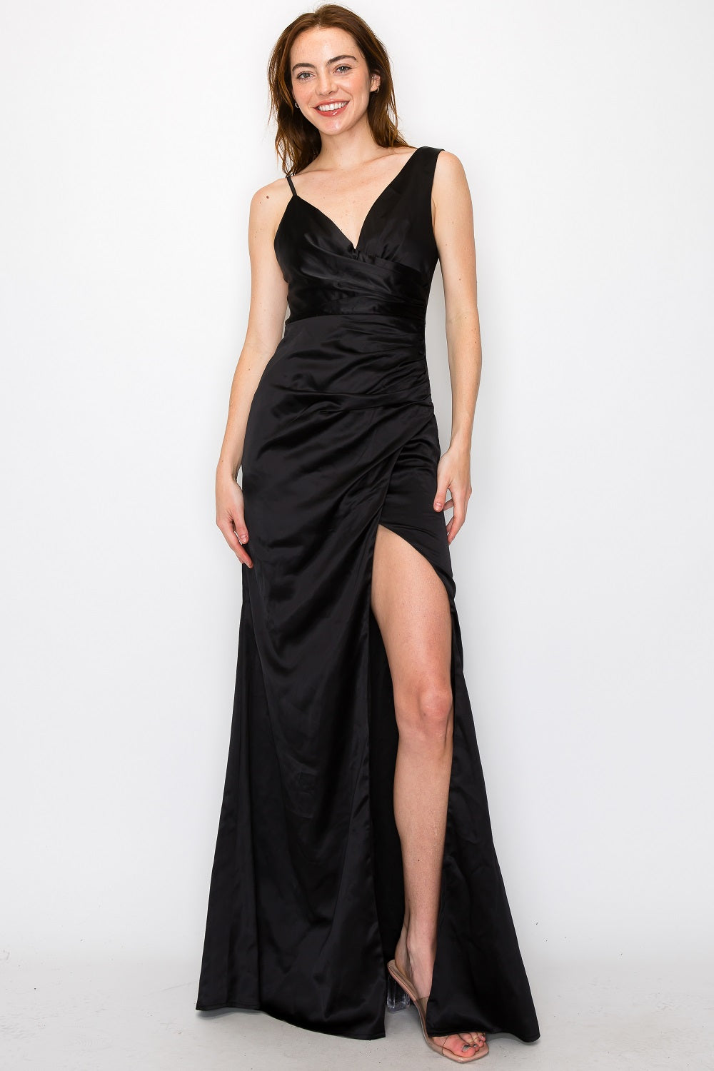 Satin Deep Back V-Neck Dress W/Slit